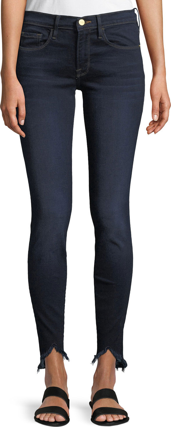 FRAME DENIM Sweetheart Dark-Wash Skinny Jeans w/ Raw-Edge Hem