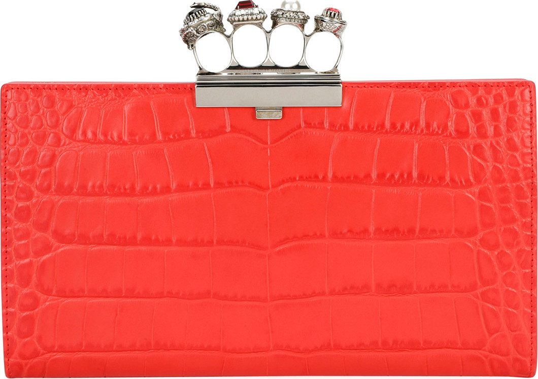 Alexander McQueen Jeweled Four Ring Crocodile-Embossed Clutch Bag, Red