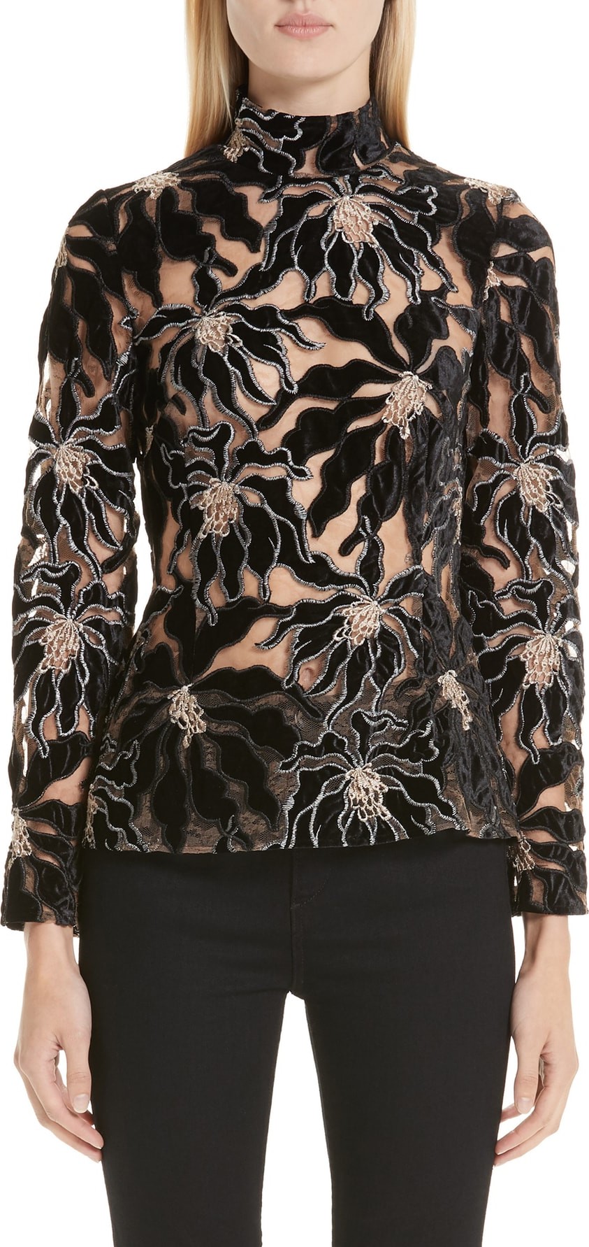 Beaufille Floral Velvet Appliqué Lace Blouse