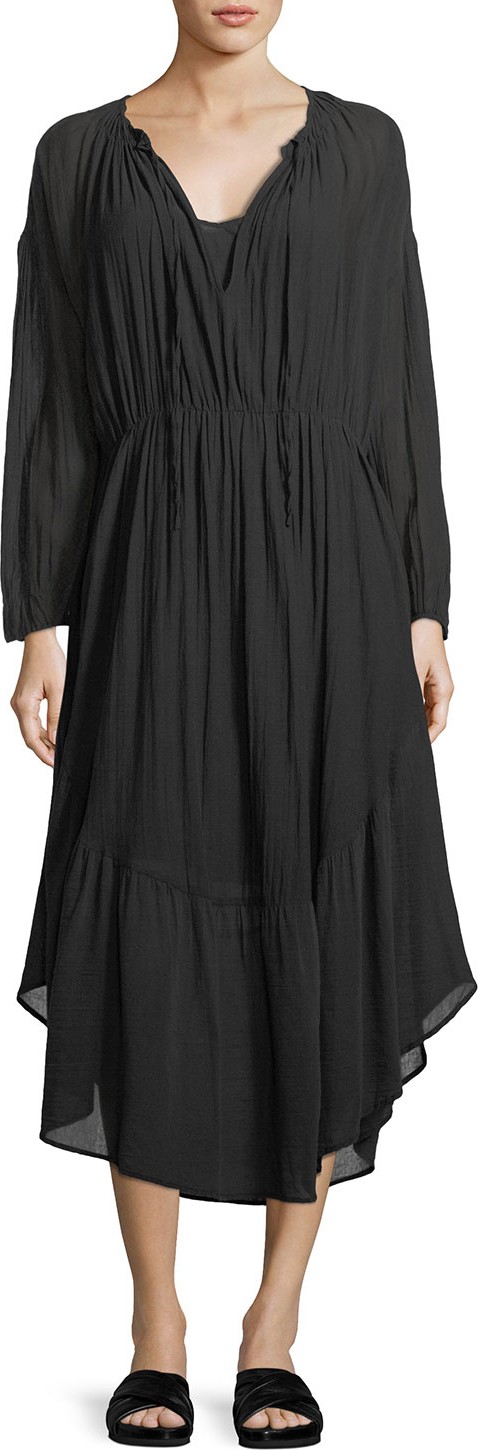 Vince Shirred Seamed Cotton Midi Dress