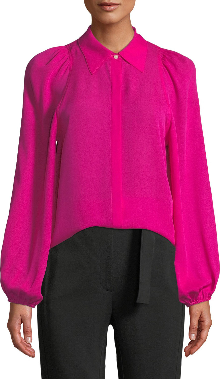 A.L.C. Lori Collared Button Front Blouson-Sleeve Silk Top