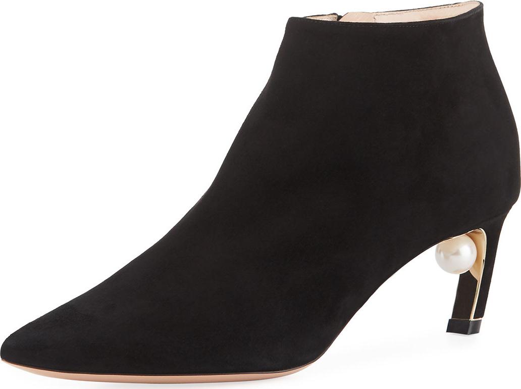 Nicholas Kirkwood Mira Suede Low Pearl-Heel Booties