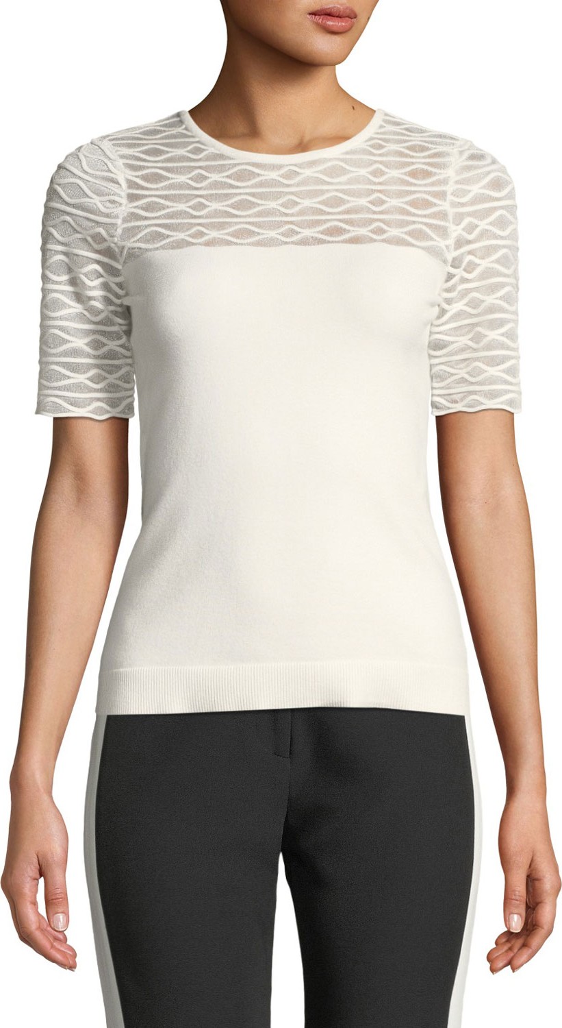 MILLY Short-Sleeve Translucent Texture Top