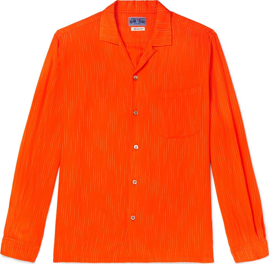 Blue Blue Japan Camp-Collar Striped Brushed-Twill Shirt