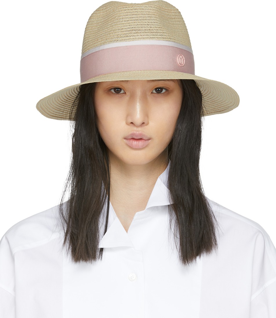 Maison Michel Beige & Pink Straw Henrietta Hat