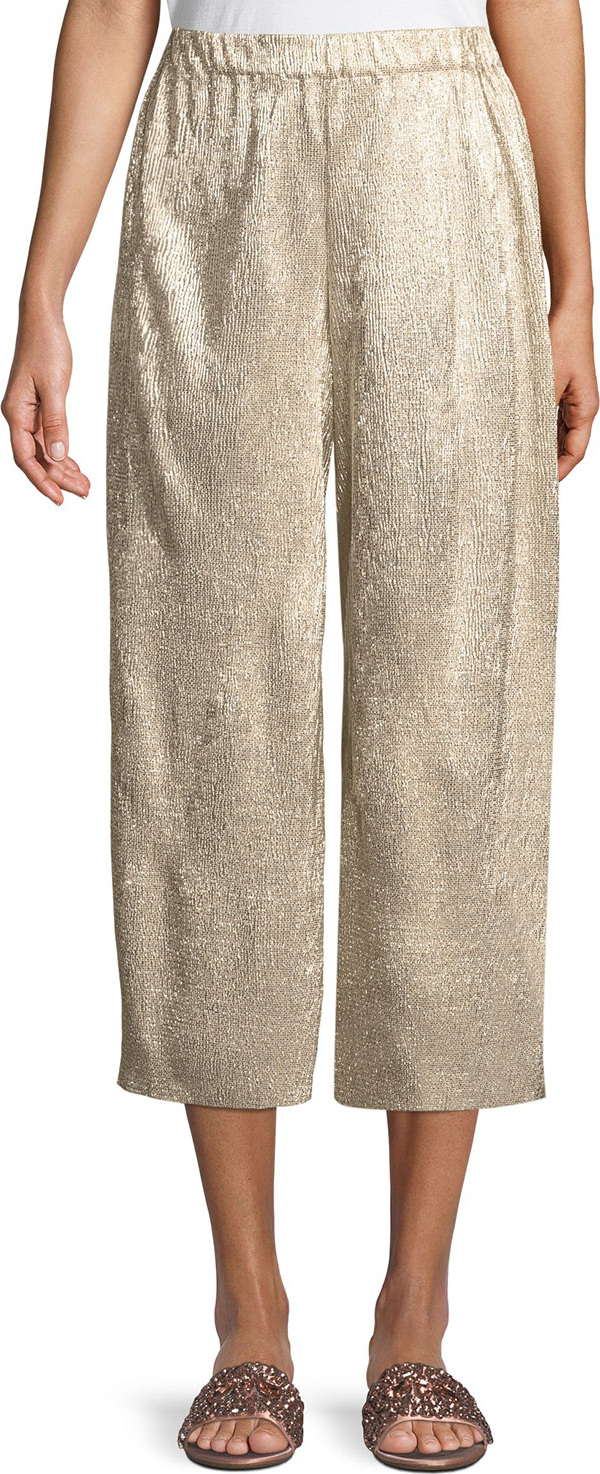 Alice + Olivia Elba Plisse Pull-On Cropped Wide-Leg Pants