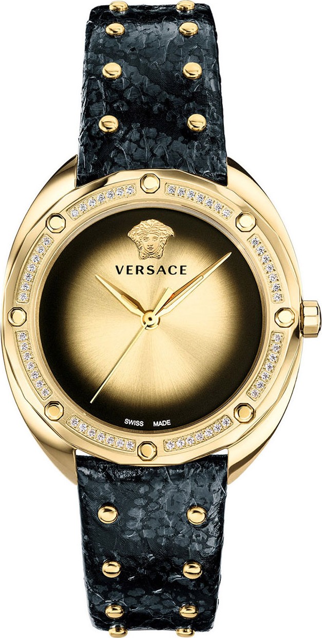 Versace 38mm Shadov Diamond Pave Watch, Black/Champagne
