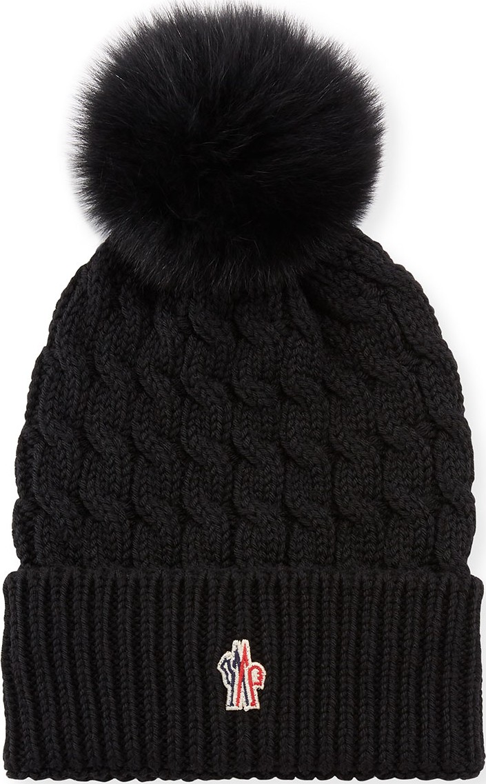 Moncler Berretto Knit Hat w/ Fur Pompom