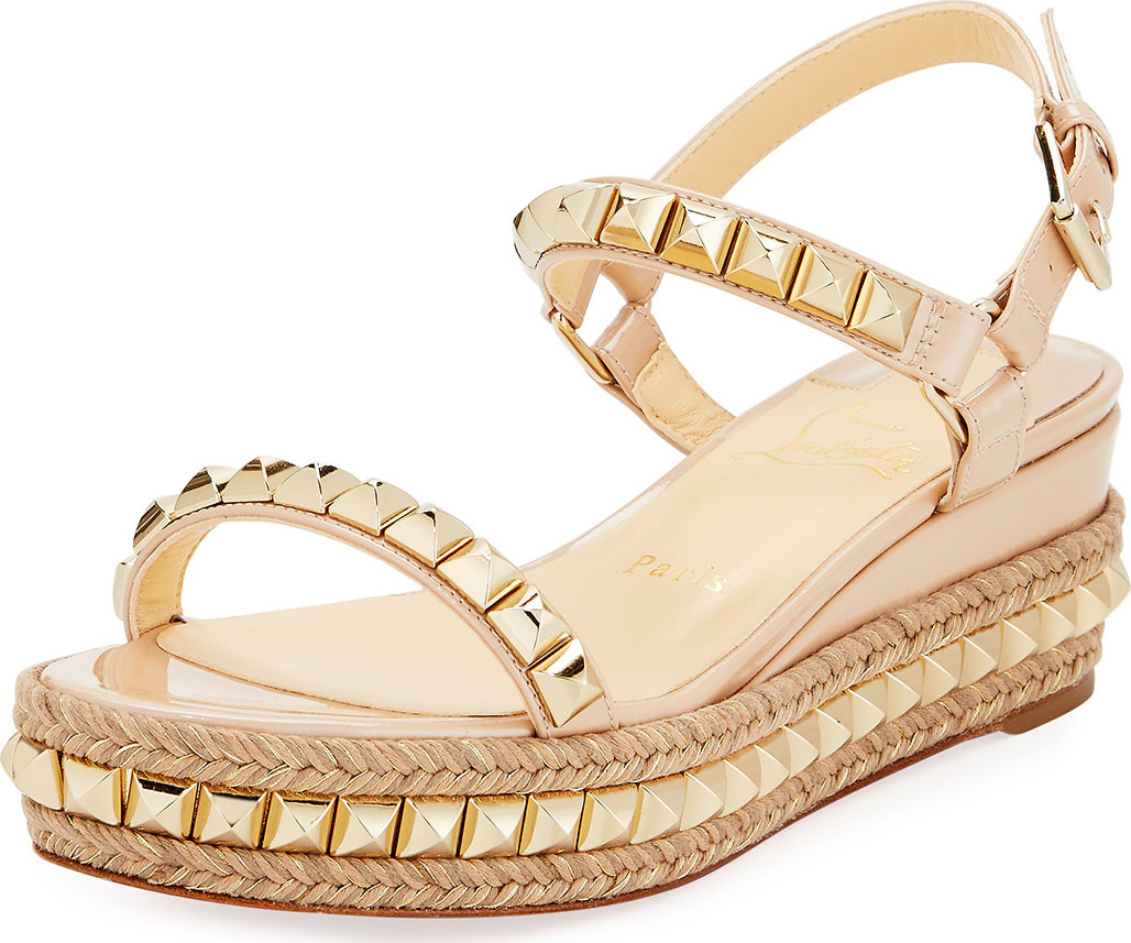 Christian Louboutin Cataclou Two-Band Red Sole Wedge Sandal, Nude