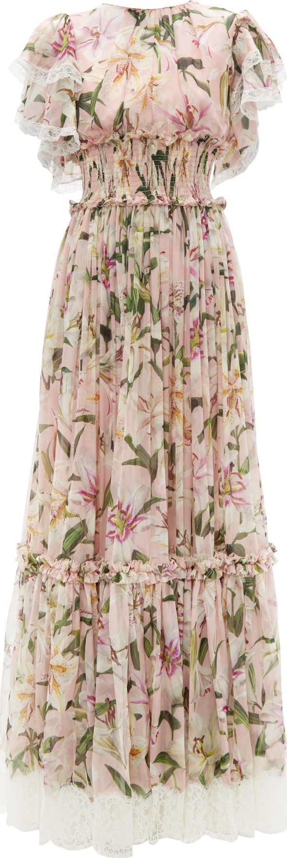 Dolce & Gabbana Shirred lilium-print silk-blend chiffon gown