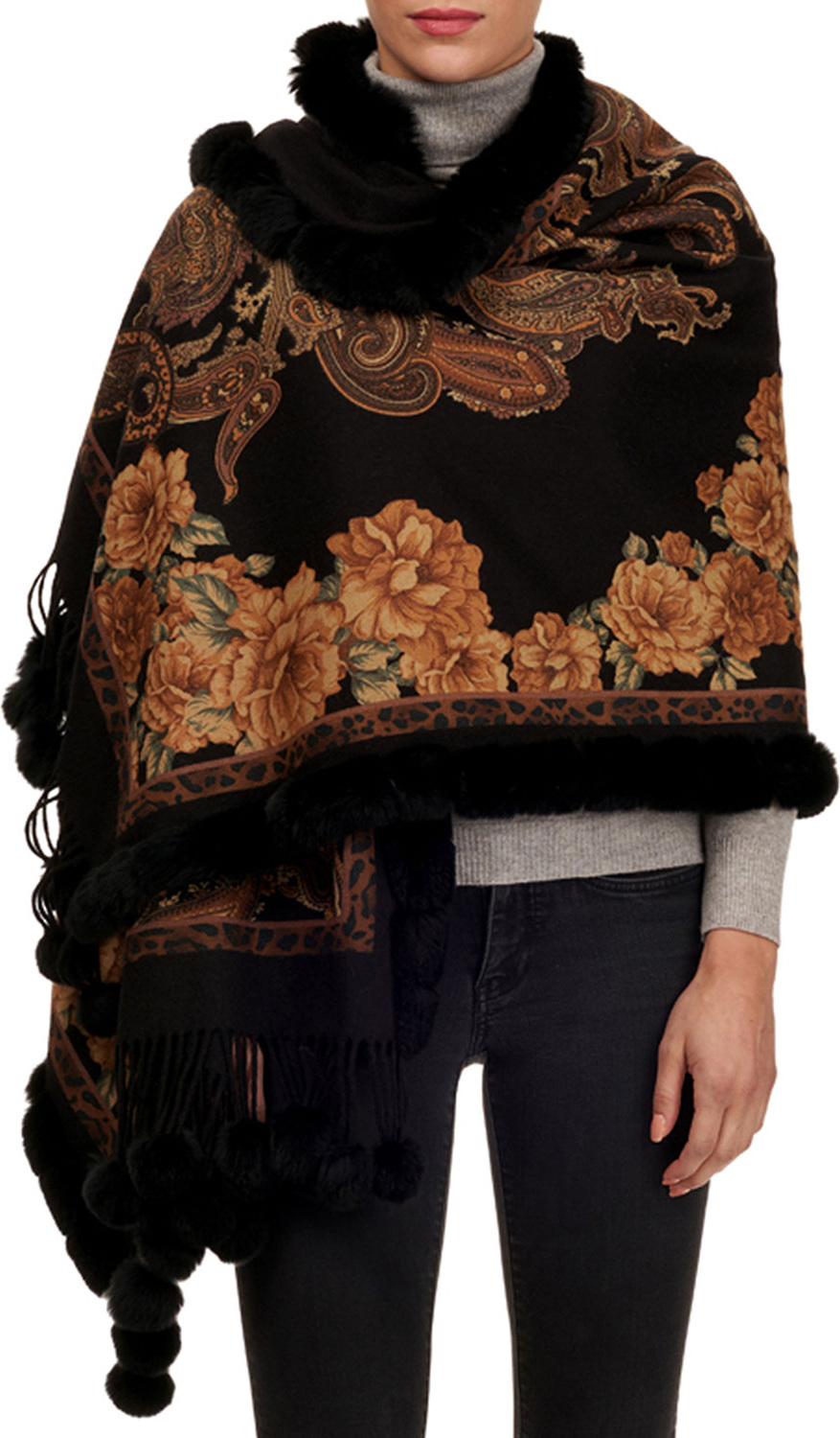 Gorski Paisley & Floral Cashmere Stole w/ Fur Trim