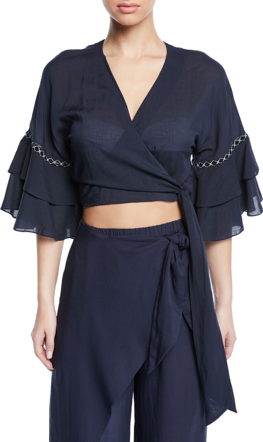 Jonathan Simkhai Cropped Ruffle-Sleeve Coverup Wrap Top