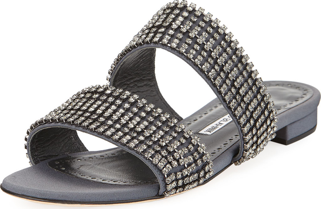 Manolo Blahnik Bulgocri Satin/Crystal Flat Slide Sandal