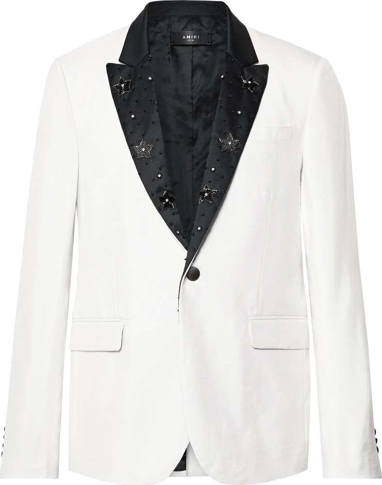 Amiri White Embellished Satin-Trimmed Slub Silk Blazer