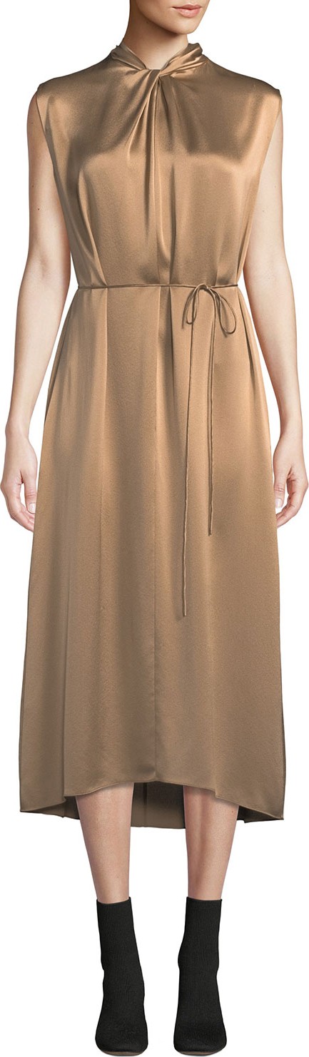 Vince Knot-Front Sleeveless Silk Midi Dress