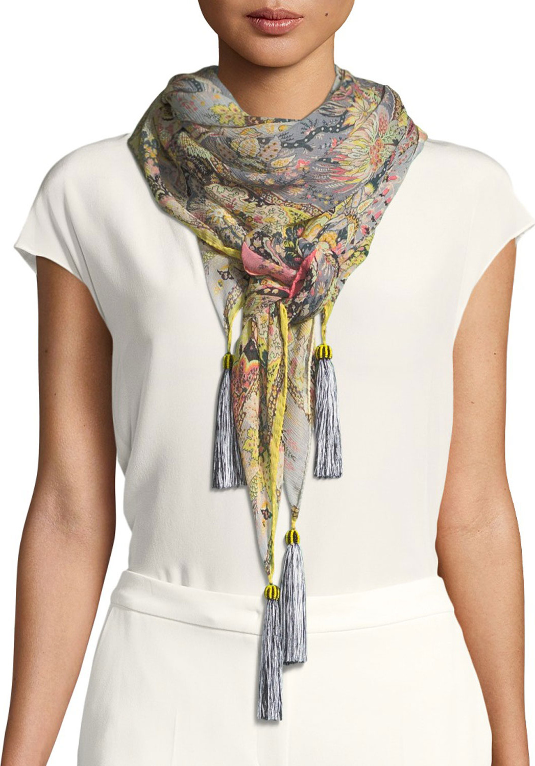 Etro Bombay Square Metallic Silk Scarf w/ Tassels
