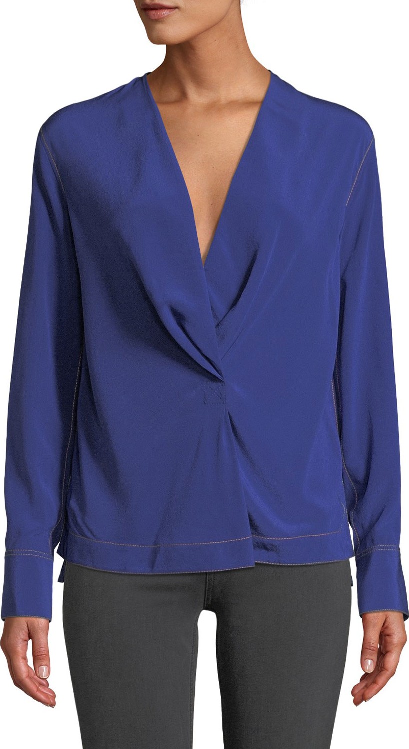 Rag & Bone Shields Drape-Front Silk Long-Sleeve Blouse