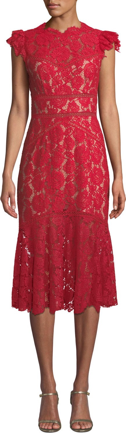 Saylor Scalloped Rose Lace Cap-Sleeve Midi Dress