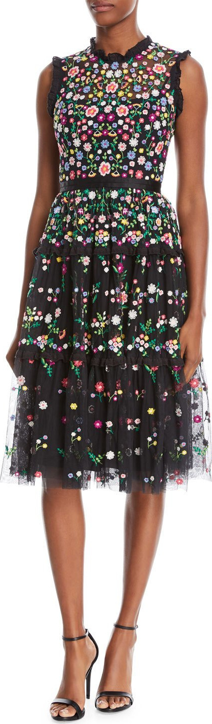 Needle & Thread Lazy Daisy Sleeveless Floral-Embroidered Tulle Cocktail Dress