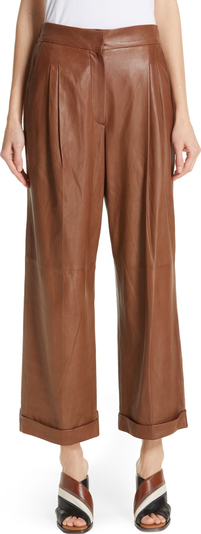 Brunello Cucinelli Nappa Leather Wide Leg Crop Pants