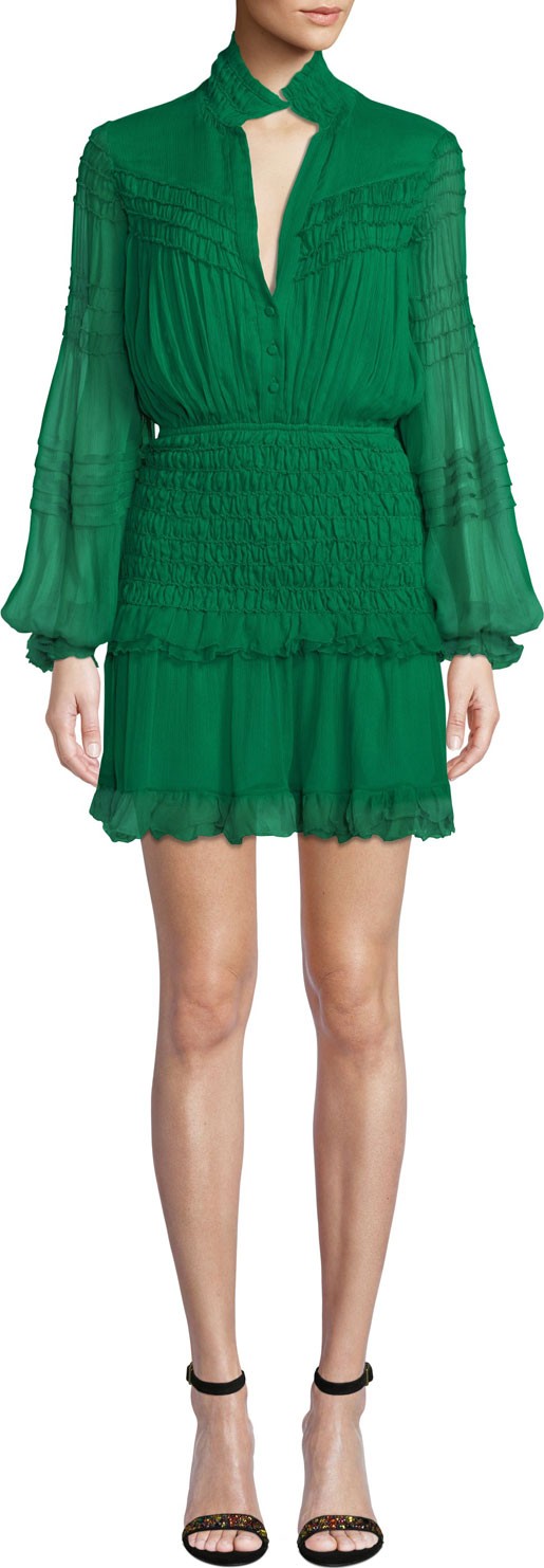 Alexis Shaina Smocked Blouson-Sleeve Ruffle Dress