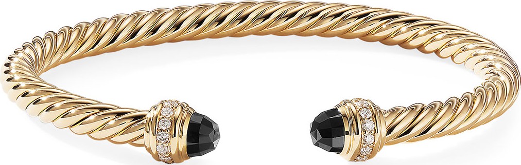 David Yurman 18k Gold Cable Bracelet w/ Diamonds & Onyx, Size M