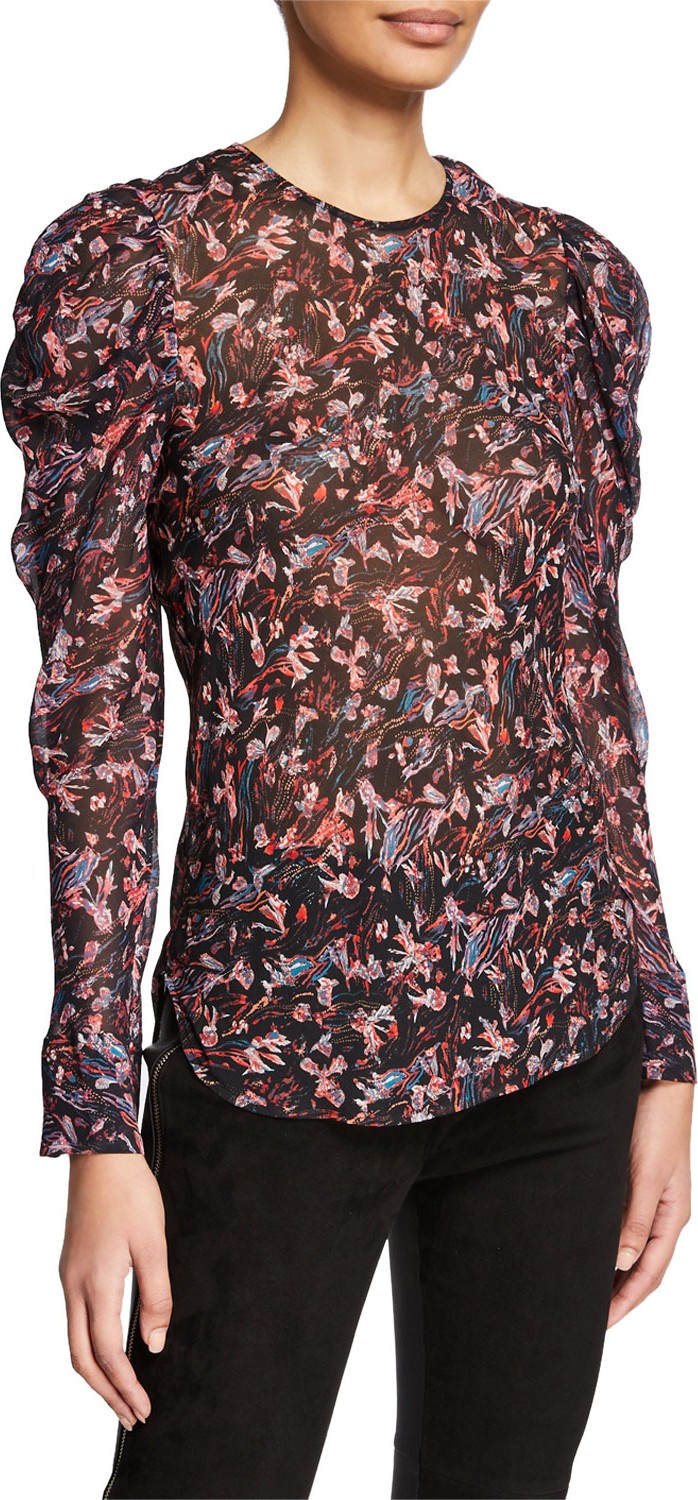 IRO Lou Printed Crewneck Ruched-Sleeve Top