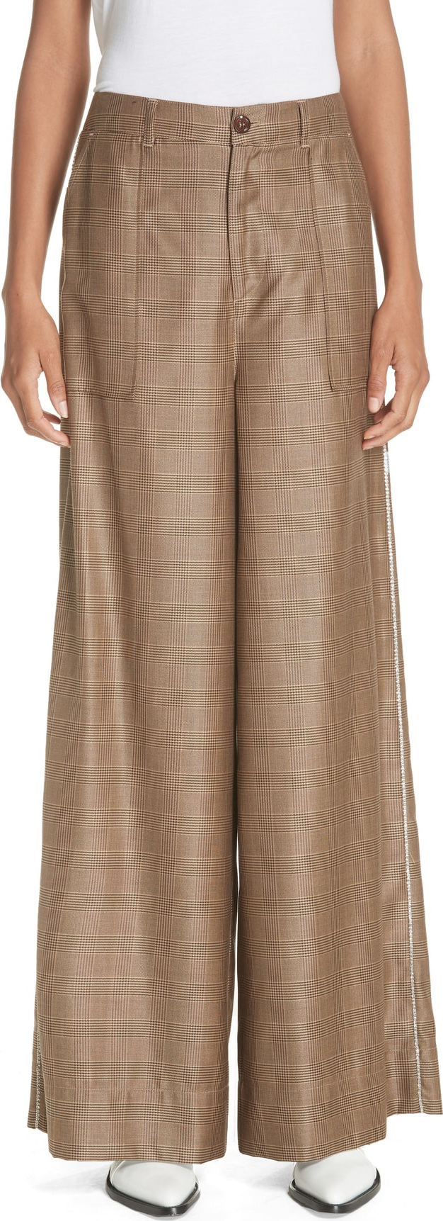 Ganni Merkel Glen Plaid Wide Leg Silk & Wool Pants
