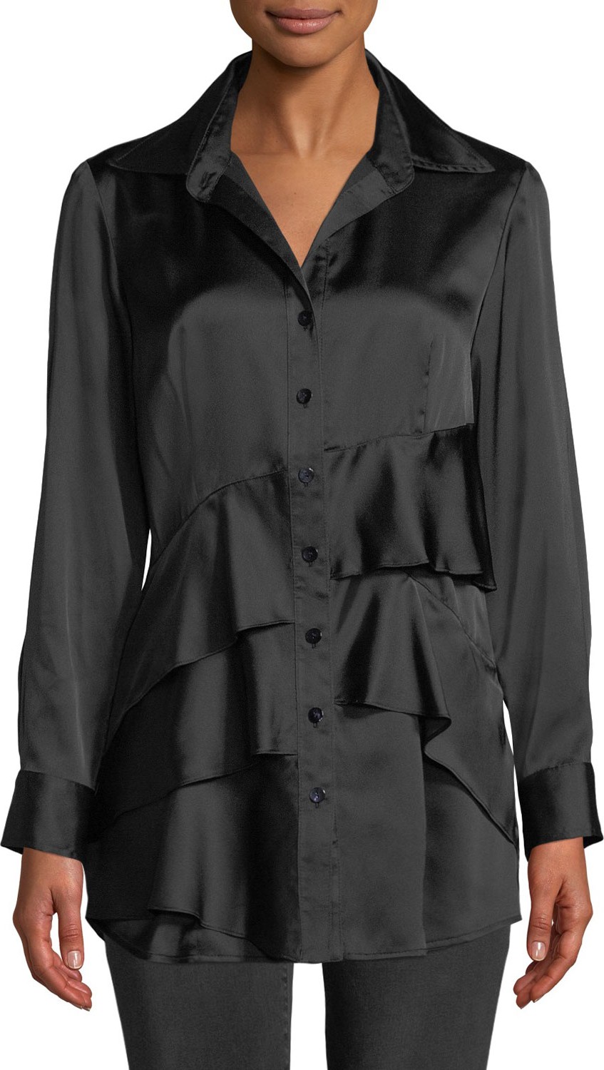 Finley Jenna Long-Sleeve Button-Front Tiered Ruffle Satin Blouse
