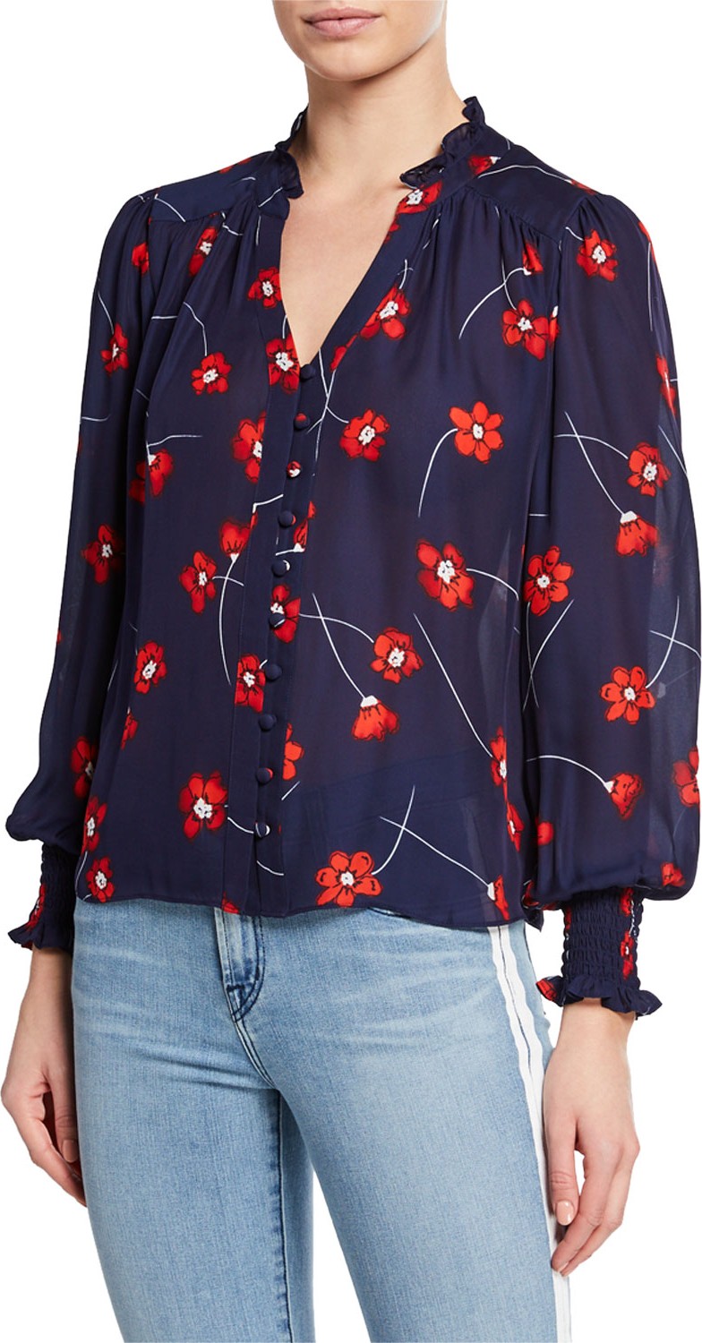 Parker Daniella Floral-Print Long-Sleeve Blouse w/ Ruffle Trim