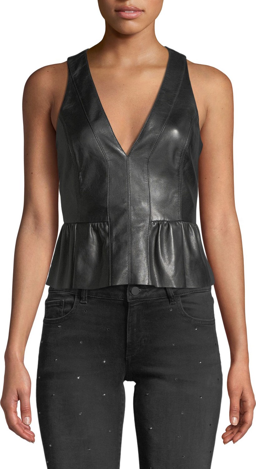 Ramy Brook Reese Cropped Leather Peplum Top