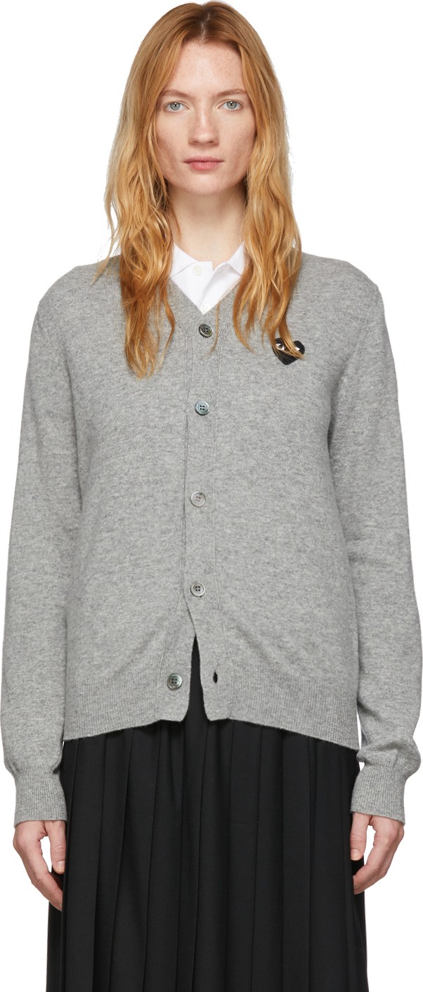 Comme Des Garcons PLAY Grey Wool Men's Fit Heart Patch V-Neck Cardigan