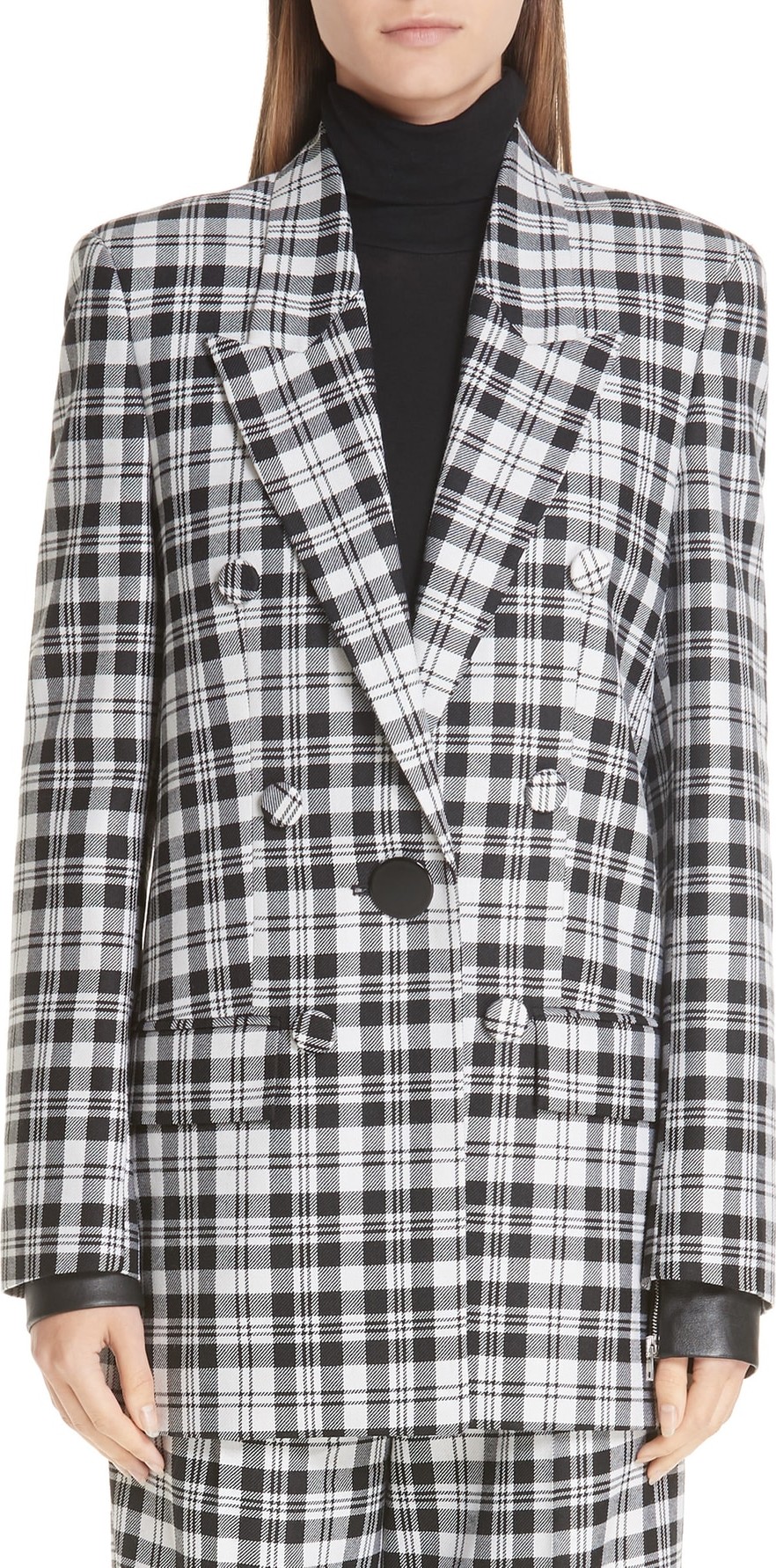 Alexander Wang Leather Cuff Checked Wool Blazer