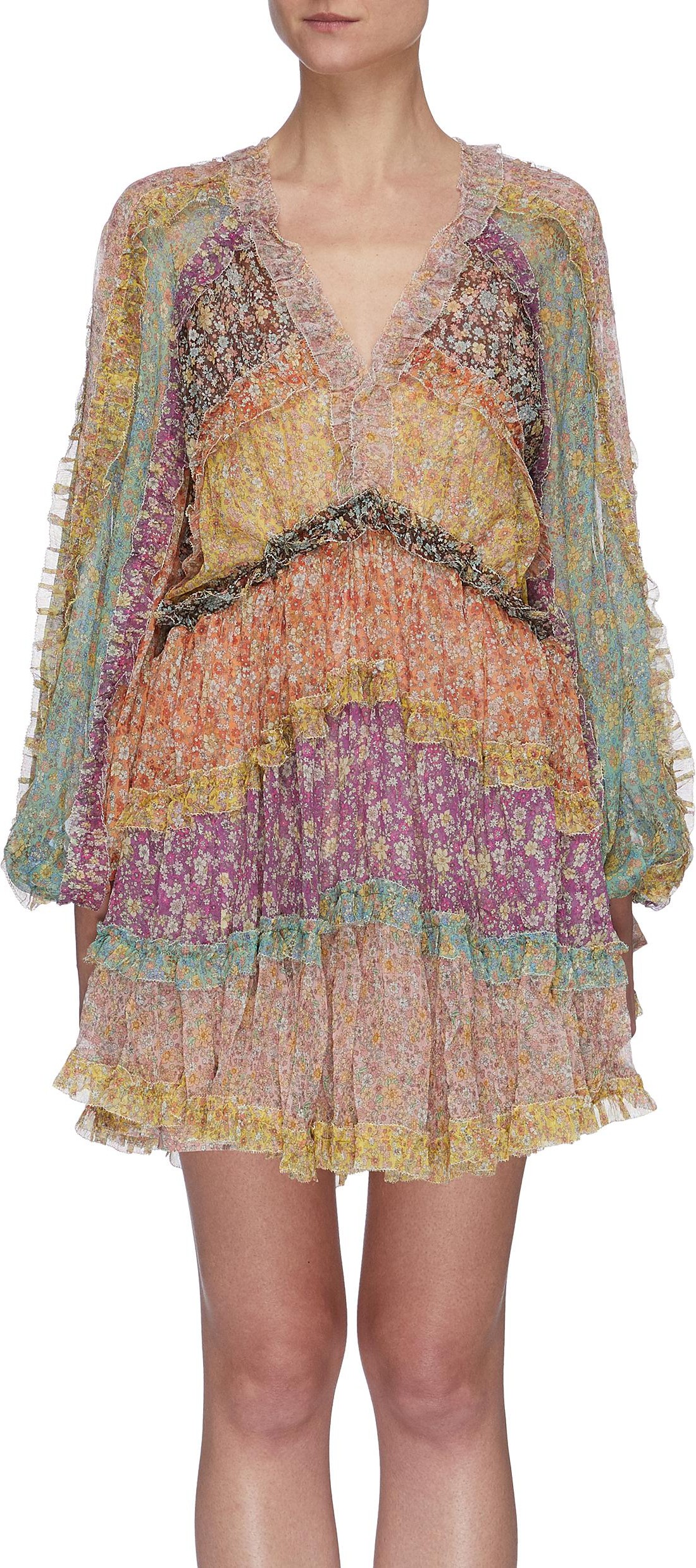 Zimmermann ''Carnaby' frill billow floral print long balloon sleeve silk mini dress