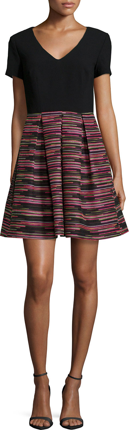 Trina Turk Short-Sleeve Combo Striped A-line Skirt Dress