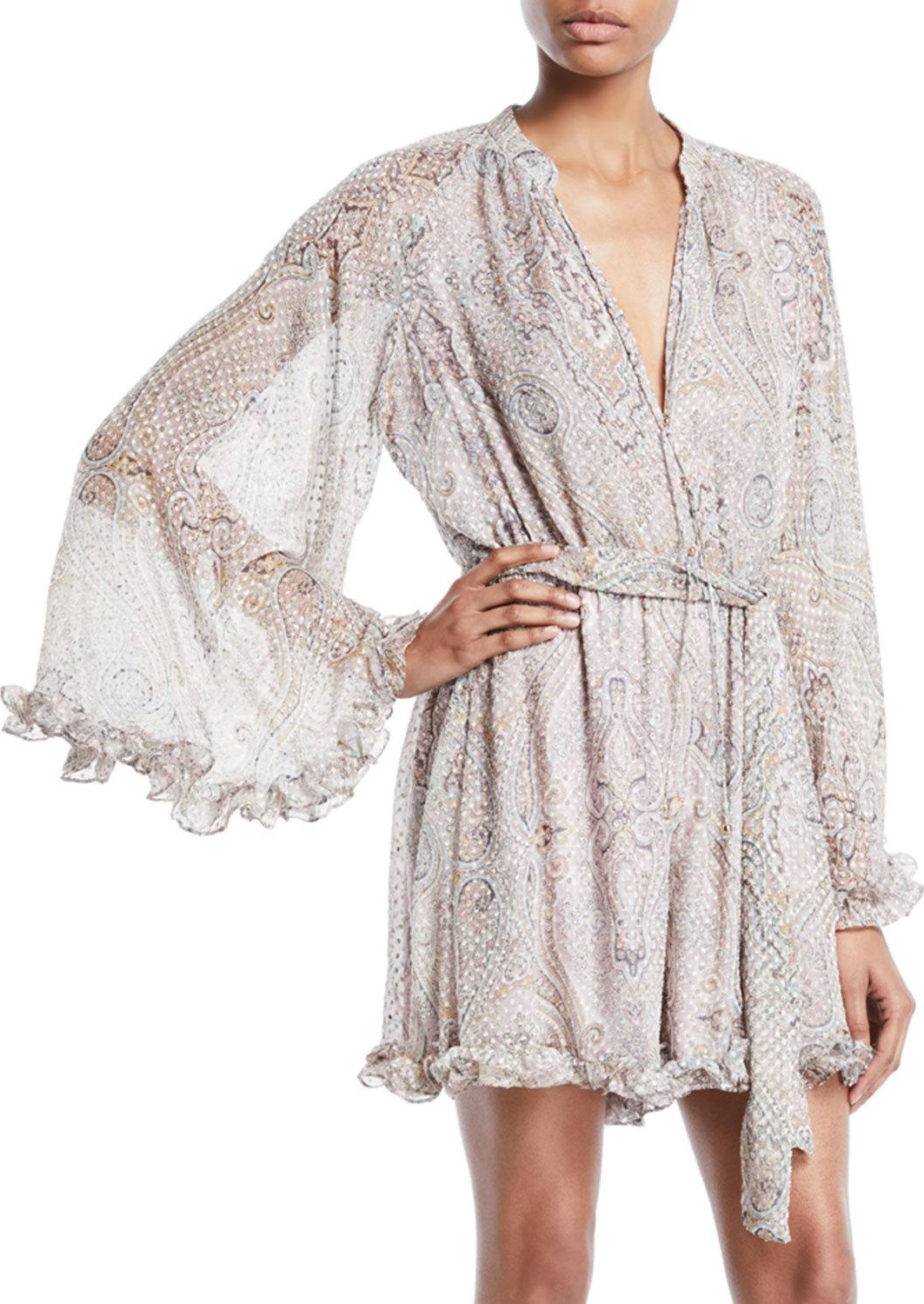 Zimmermann V-Neck Tie-Waist Damask-Print Swiss-Dot Playsuit with Ruffled Trim