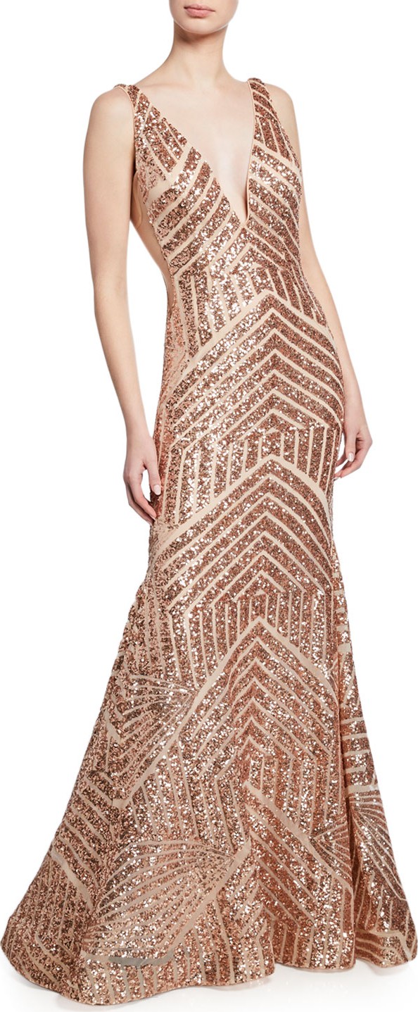Jovani Sequin Geometric Deep V-Neck Sleeveless Mermaid Gown