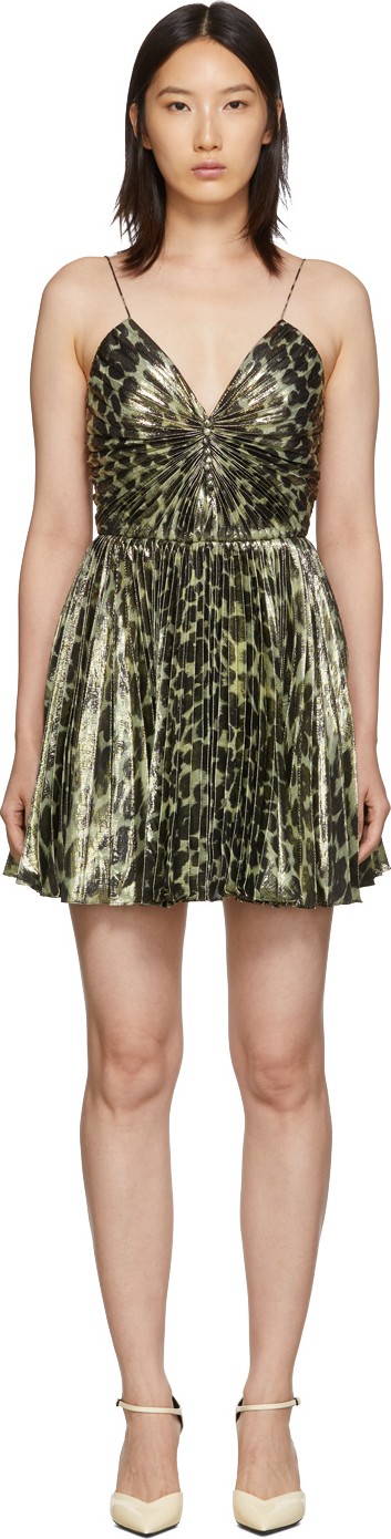 Saint Laurent Gold Leopard Metallic Pleated Short Dress