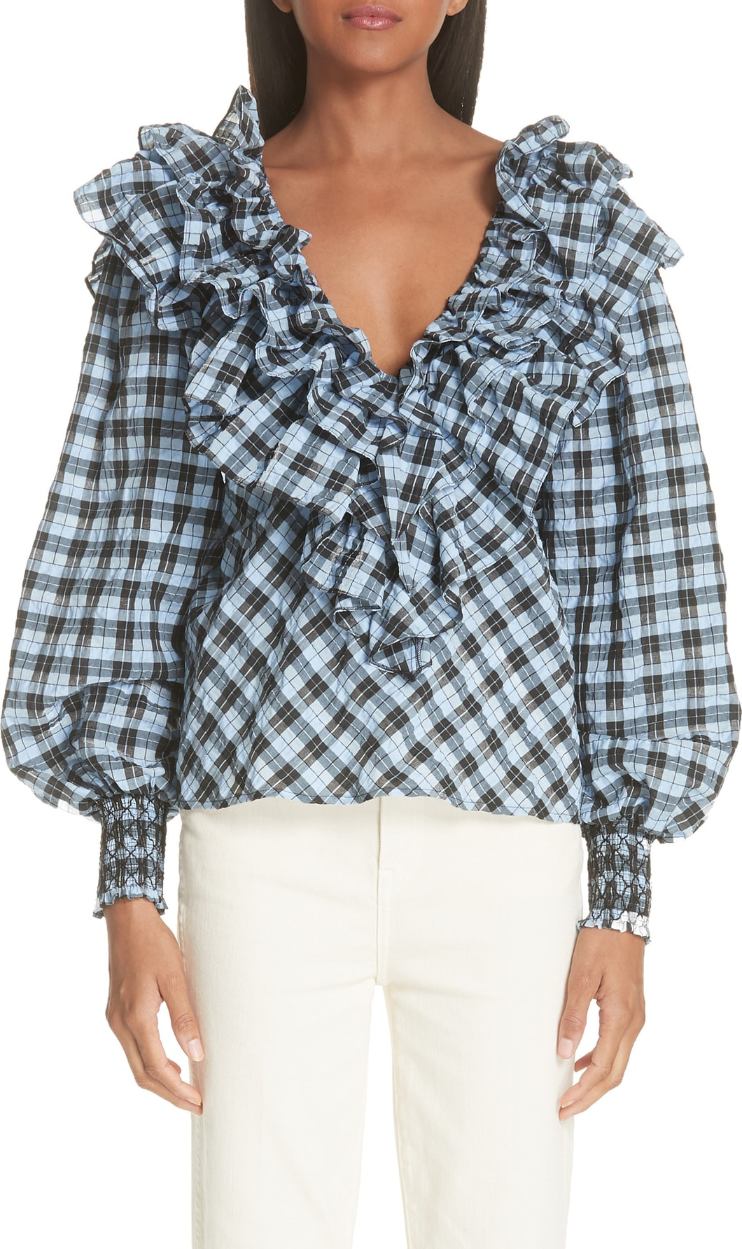 Ganni Ruffle Plaid Blouse