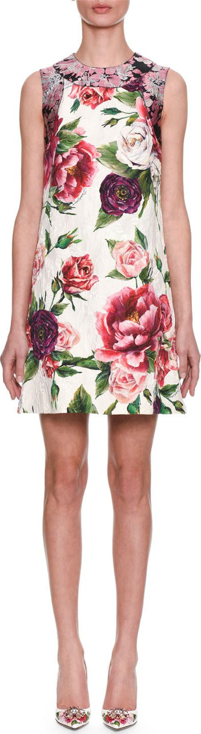 Dolce & Gabbana Sleeveless Rose Peony Jacquard & Brocade Shift Day Dress