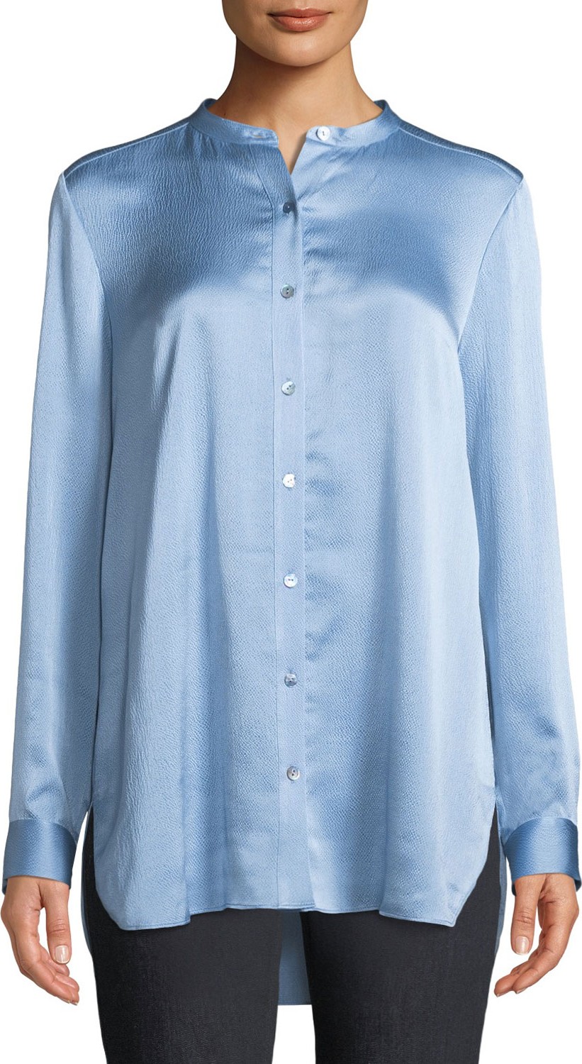 Eileen Fisher Hammered-Silk Mandarin-Collar Blouse