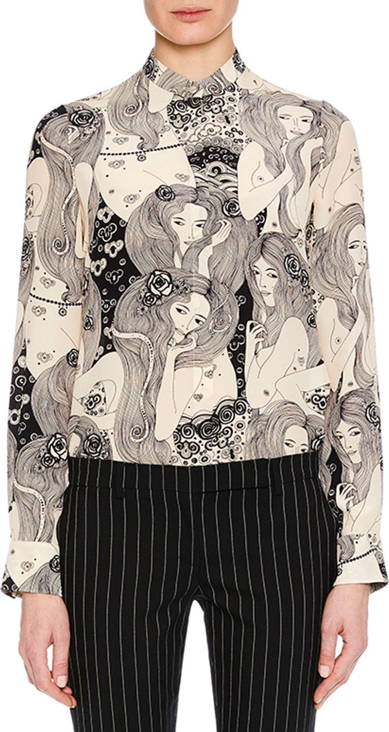 Alexander McQueen Eve-Print Long-Sleeve Crepe de Chine  Blouse