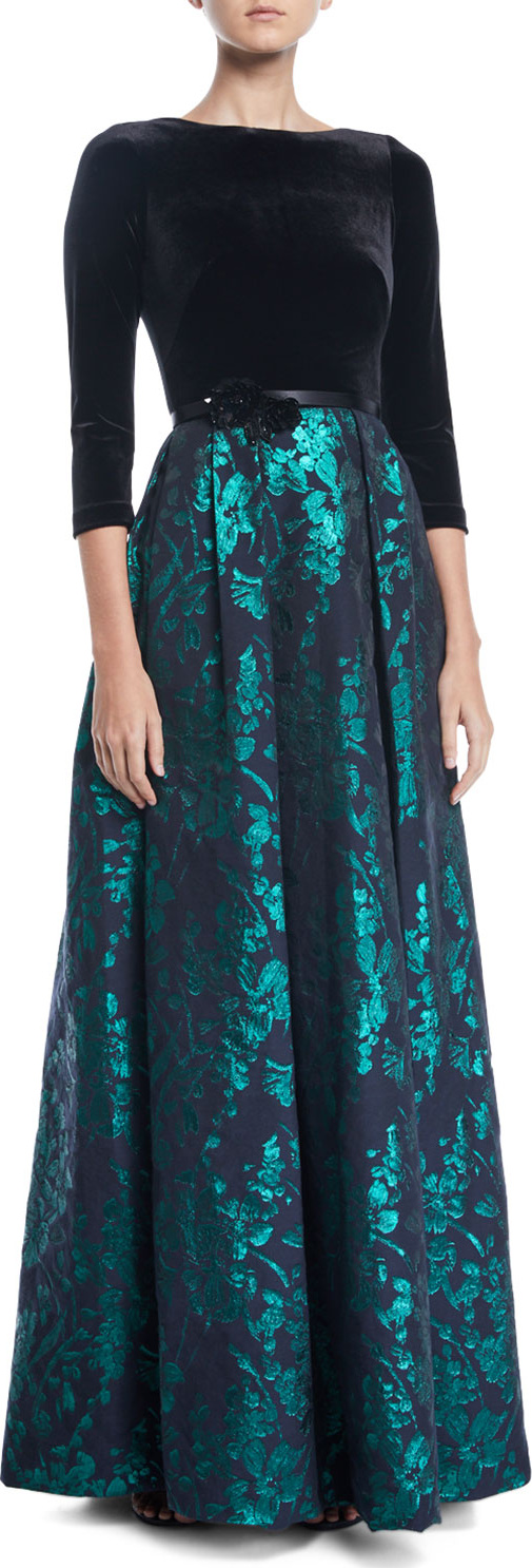 Theia Velvet & Emerald Brocade Ball Gown