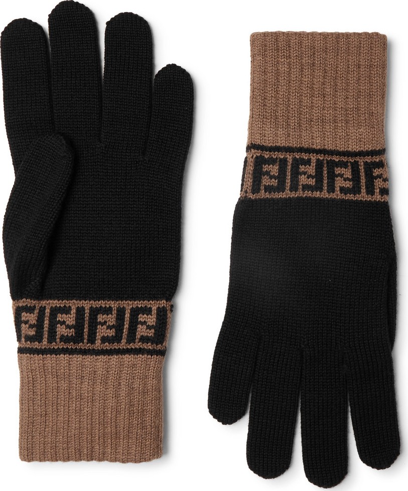 Fendi Logo-Intarsia Colour-Block Wool Gloves