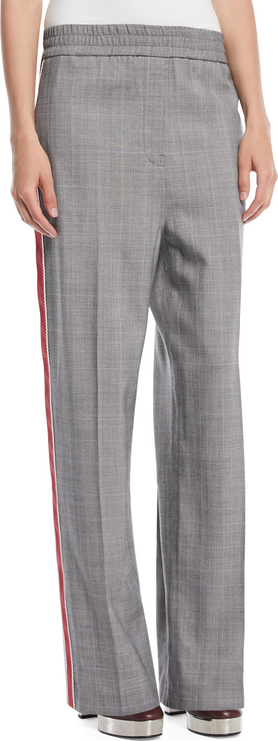 Calvin Klein 205W39NYC Wide-Leg Check Wool Pull-On Pants w/ Side Stripe