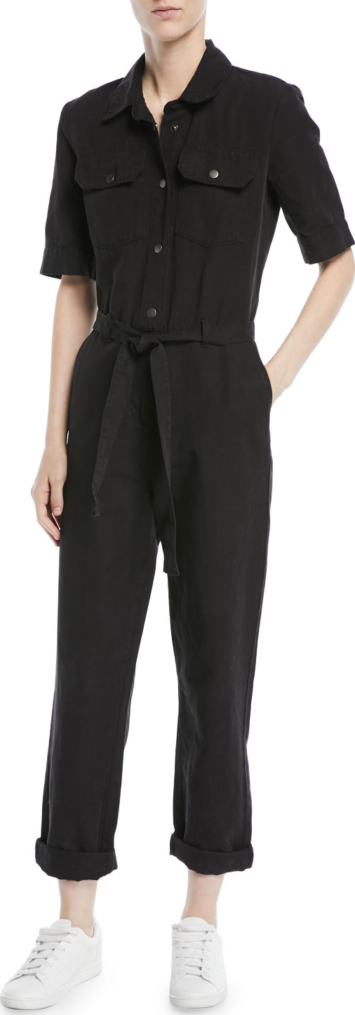 FRAME DENIM Short-Sleeve Button-Down Belted Straight-Leg Cotton-Linen Jumpsuit