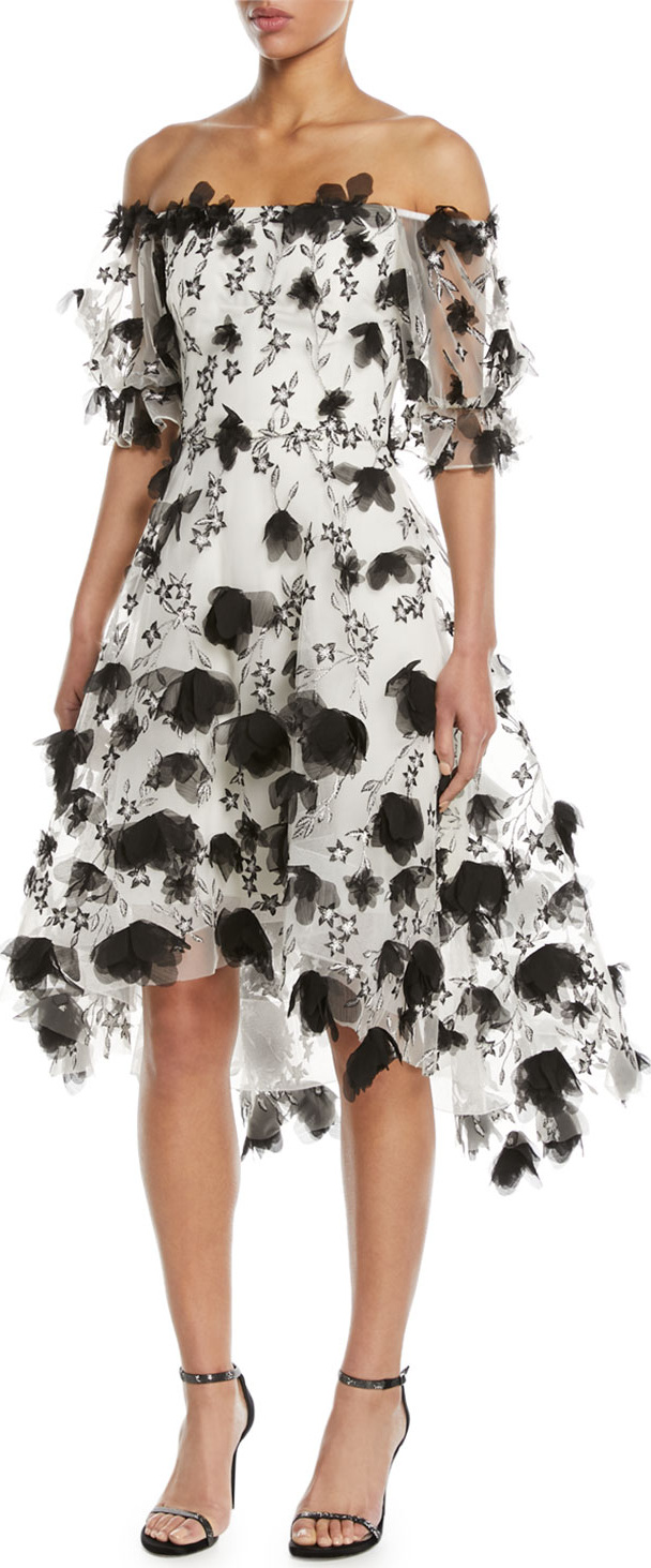 Marchesa Notte 3D Floral Embroidery Off-the-Shoulder Cocktail Dress