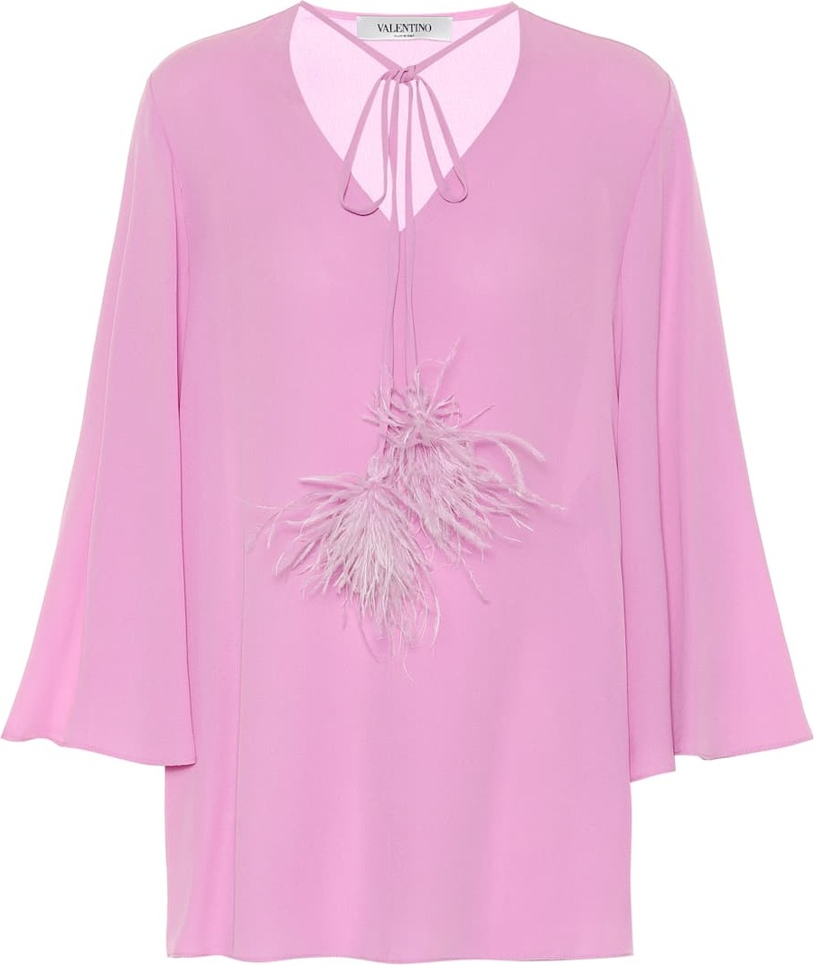 Valentino Feather-trimmed silk-crêpe blouse