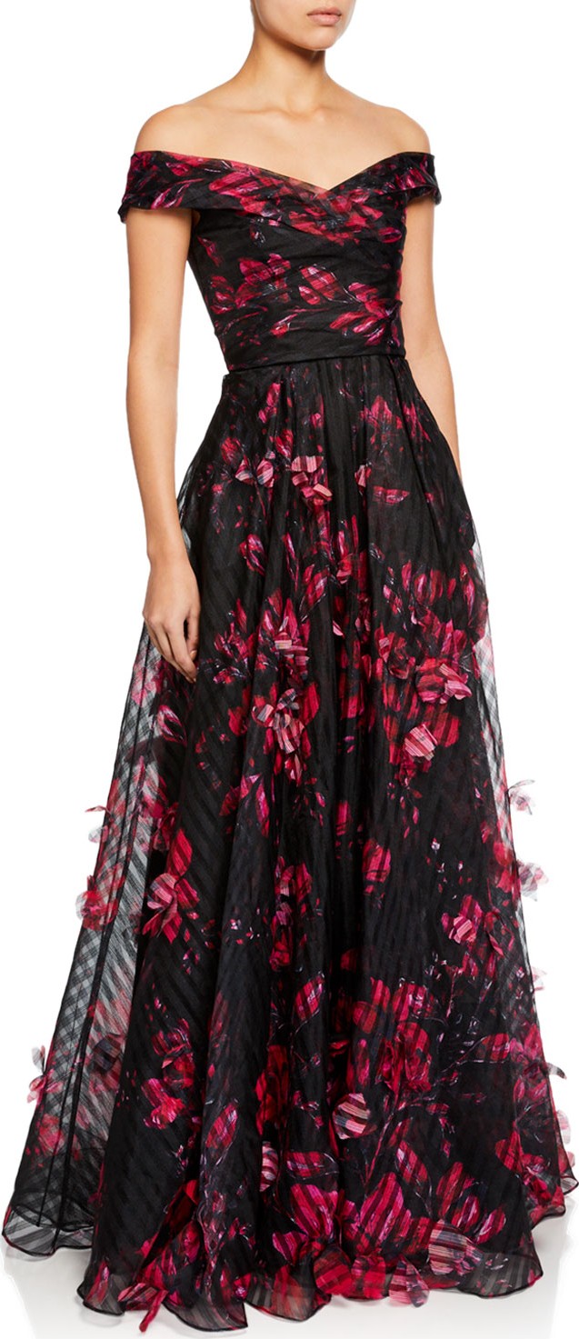 Marchesa Notte Off-the-Shoulder Floral-Printed Striped Organza Gown w/ 3D Flowers