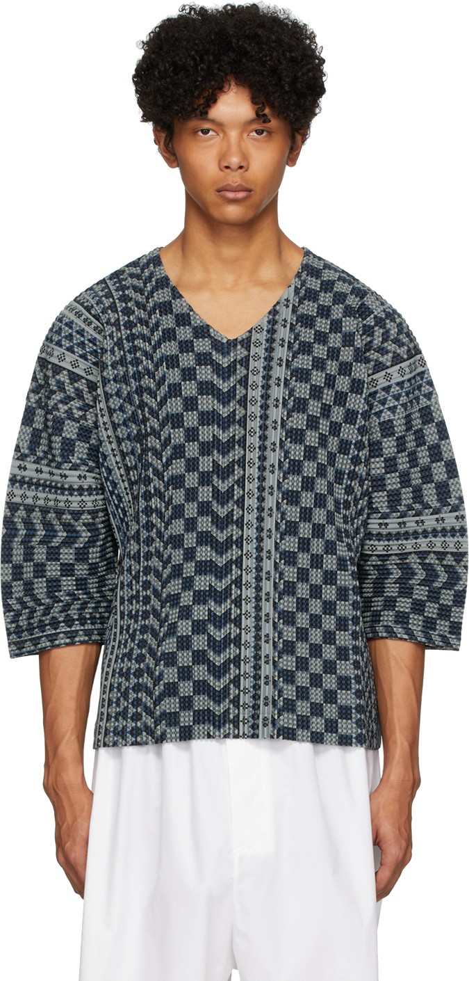 Homme Plissé Issey Miyake Blue African Geometric T-Shirt